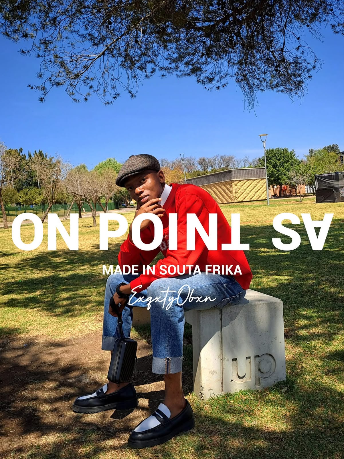 ON POINT SA campaign — model in a red sweater under a Johannesburg sky